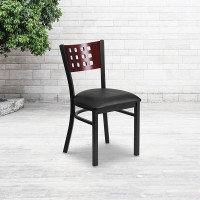 Flash Furniture XU-DG-60117-MAH-BLKV-GG HERCULES Series Black Decorative Cutout Back Metal Restaurant Chair - Mahogany Wood BackBlack Vinyl Seat